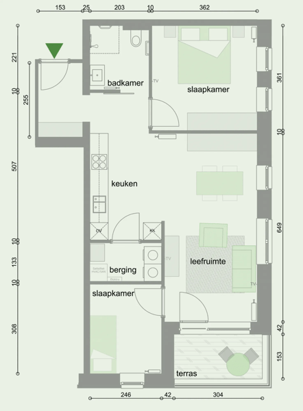 GAW Tuinwijk flat plan TYPE 2 - 2 slaapkamers en terras